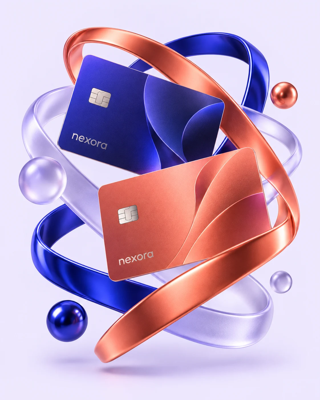 Connected violet, coral and lime ribbons surrounding Nexora card concepts